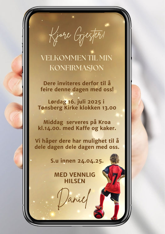 Konfirmasjonsinvitasjon fotball med gull beige personlig design med bilde ferdig tekstforslag - KISS DEKOR