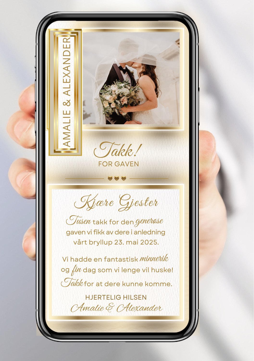 Takkekort bryllup gull romantisk - personlig design med ferdig tekstforslag - KISS DEKOR