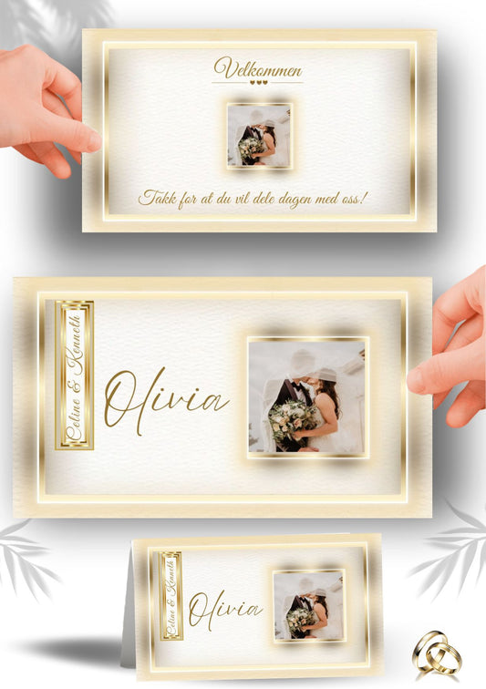 Elegant bordkort til bryllup med personlig design og gulldetaljer