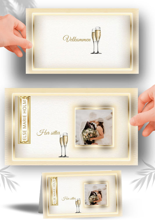 Digitalt bordkort til bryllup med vakker gull typografi og romantisk stil