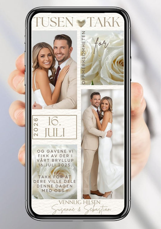 Takkekort bryllup hvit elegant - personlig design med ferdig tekstforslag