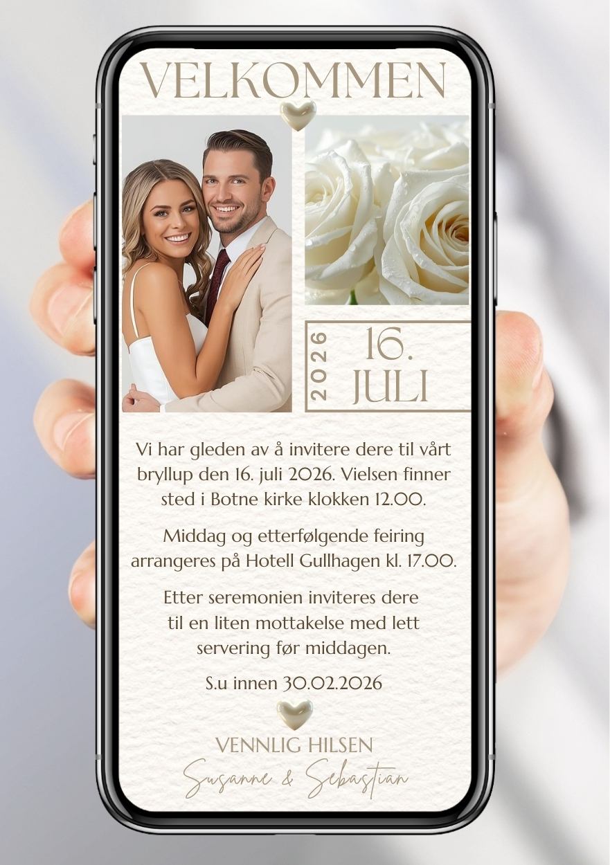 Bryllupsinvitasjon hvit elegant - personlig design med ferdig tekstforslag - KISS DEKOR