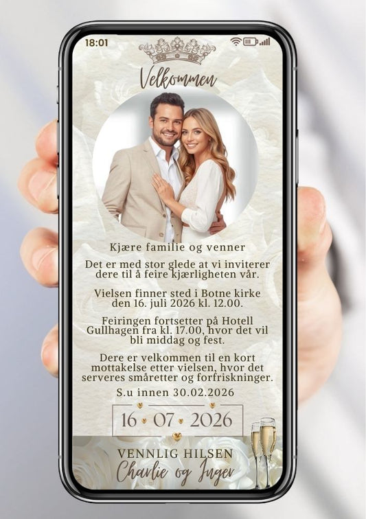 Bryllupsinvitasjon beige med bilde elegant - personlig design med ferdig tekstforslag - KISS DEKOR
