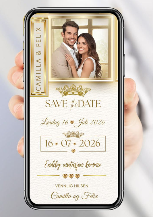 Save the Date gullkrone - personlig og elegant. Ferdig tekstforslag - KISS DEKOR