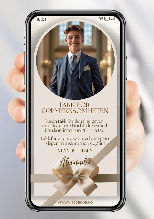 Takkekort konfirmasjon beige med bilde - personlig design med ferdig tekstforslag - KISS DEKOR