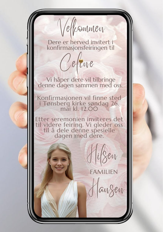 Konfirmasjonsinvitasjon rosa minimalistisk - personlig design med ferdig tekstforslag - KISS DEKOR