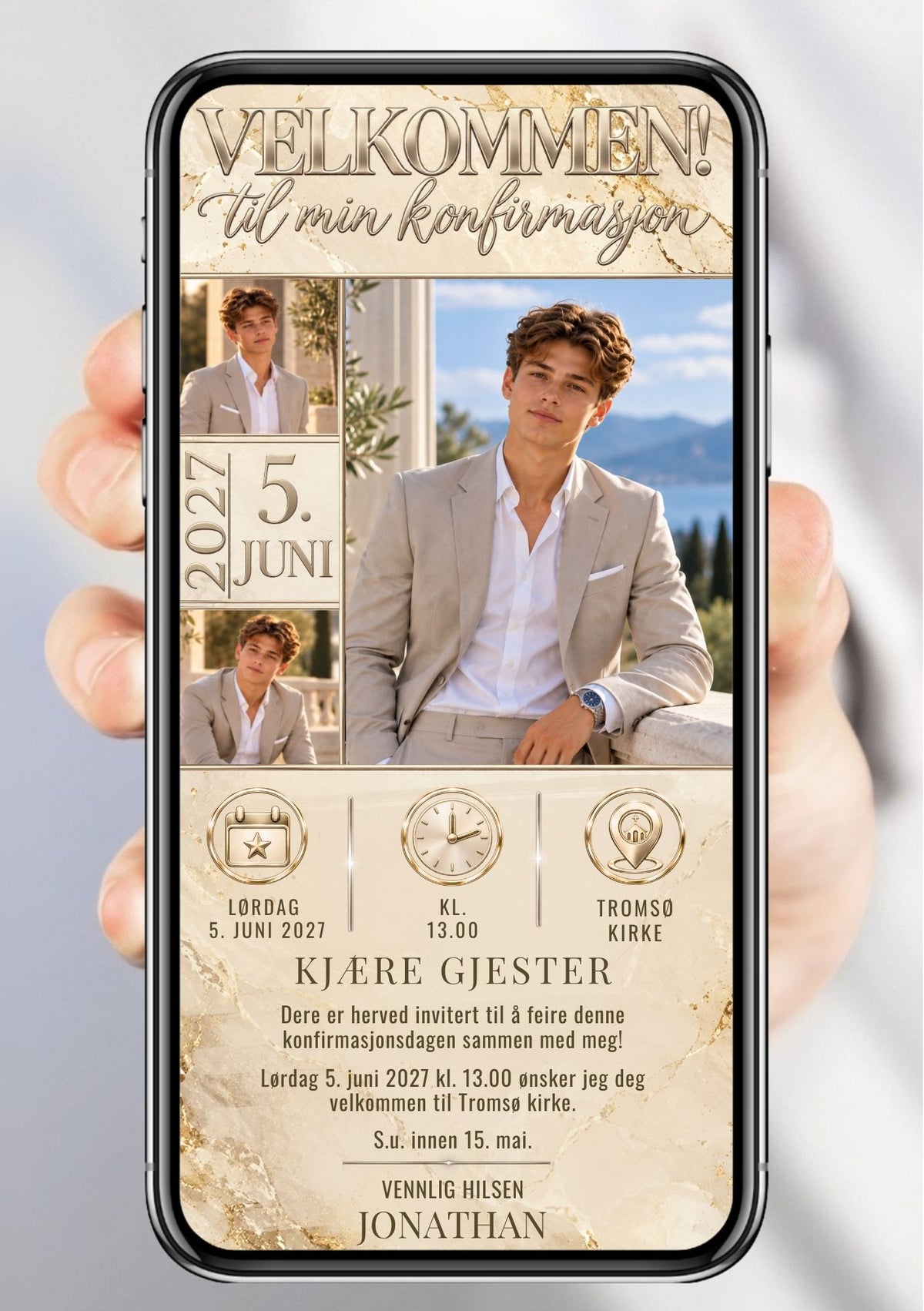 Konfirmasjonsinvitasjon vist på mobil, med tre portrettbilder, datofelt til venstre og sandfarget marmorert bakgrunn med gylne årer