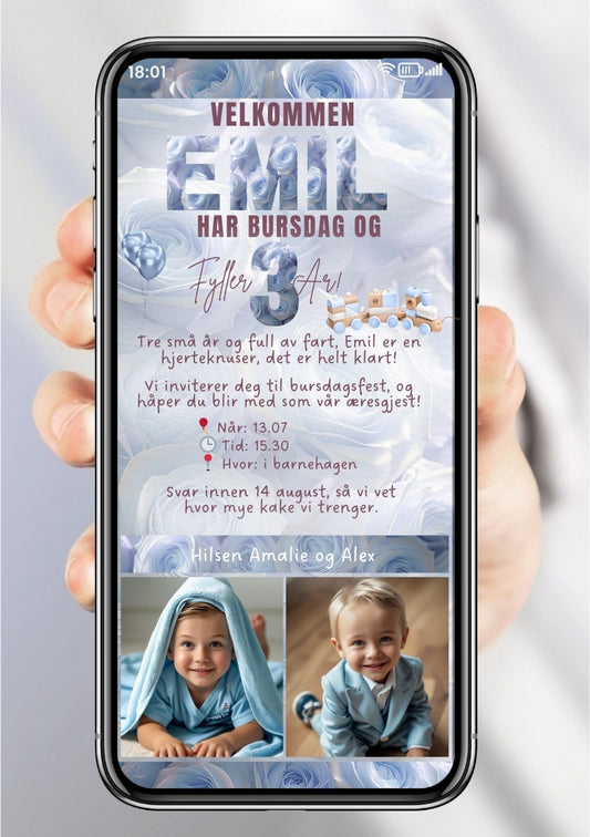 Blå bursdagsinvitasjon med personlig bilde for barn