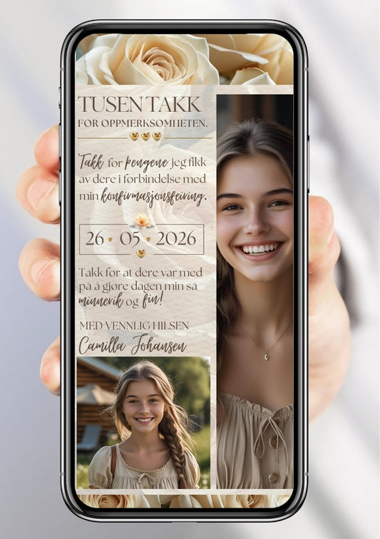 Takkekort til konfirmasjon - digitale takkekort med personlig design 