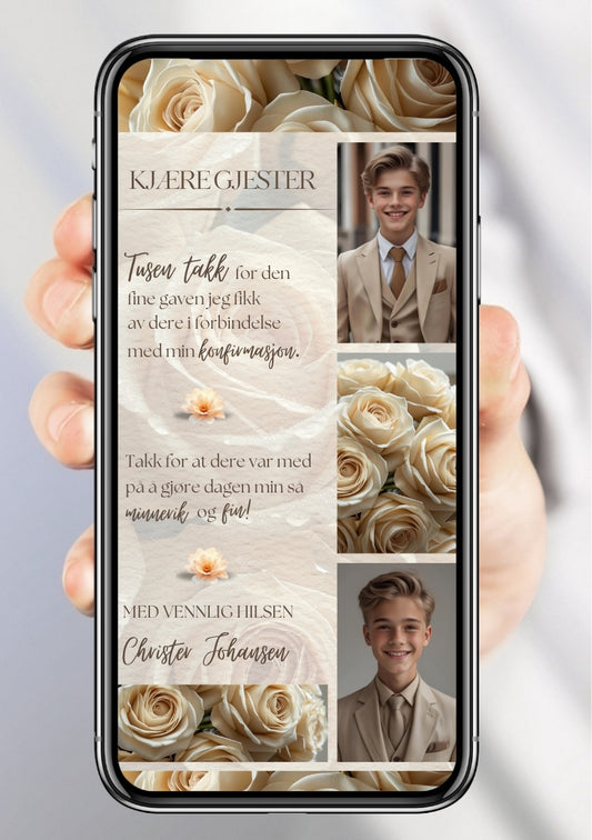 Takkekort konfirmasjon collage med blomster - personlig design med ferdig tekstforslag - KISS DEKOR