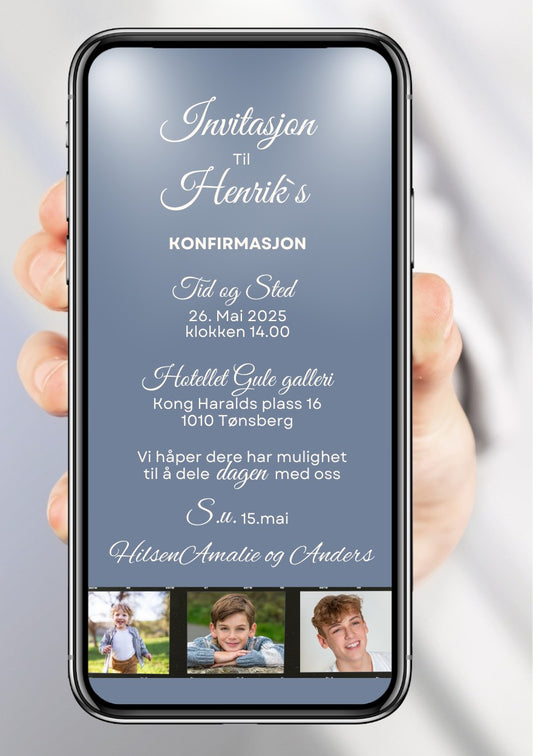 Digital konfirmasjonsinvitasjon, blå filmstripe med tre bilder, mørk sølv bakgrunn