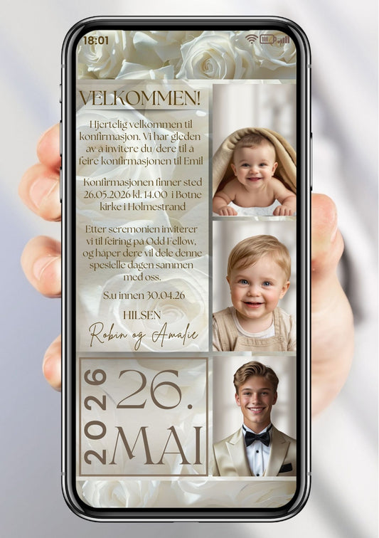 Digital konfirmasjonsinvitasjon for gutt - elegant fotocollage med konfirmantbilder og personlig tekst på mobil