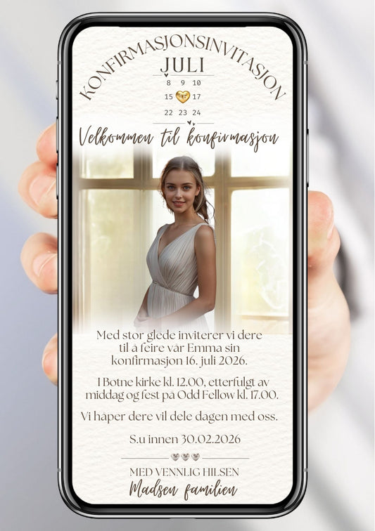 Digital konfirmasjonsinvitasjon for jente - elegant design med kalender, konfirmantbilde og personlig tekst på mobil
