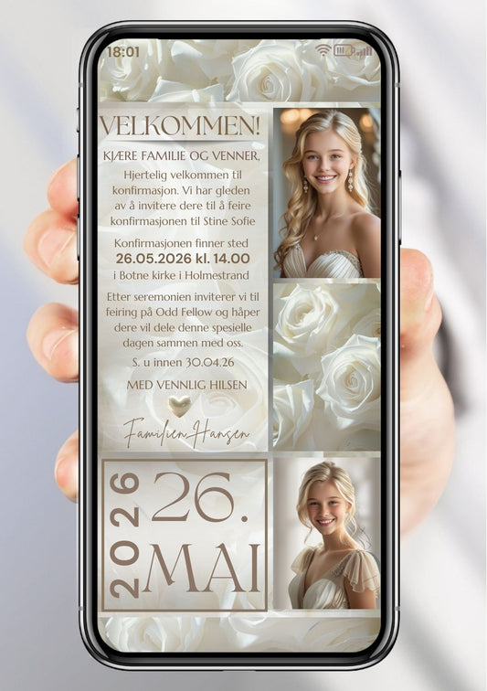 Digital konfirmasjonsinvitasjon for jente - elegant design med collage og personlig tekst på mobil
