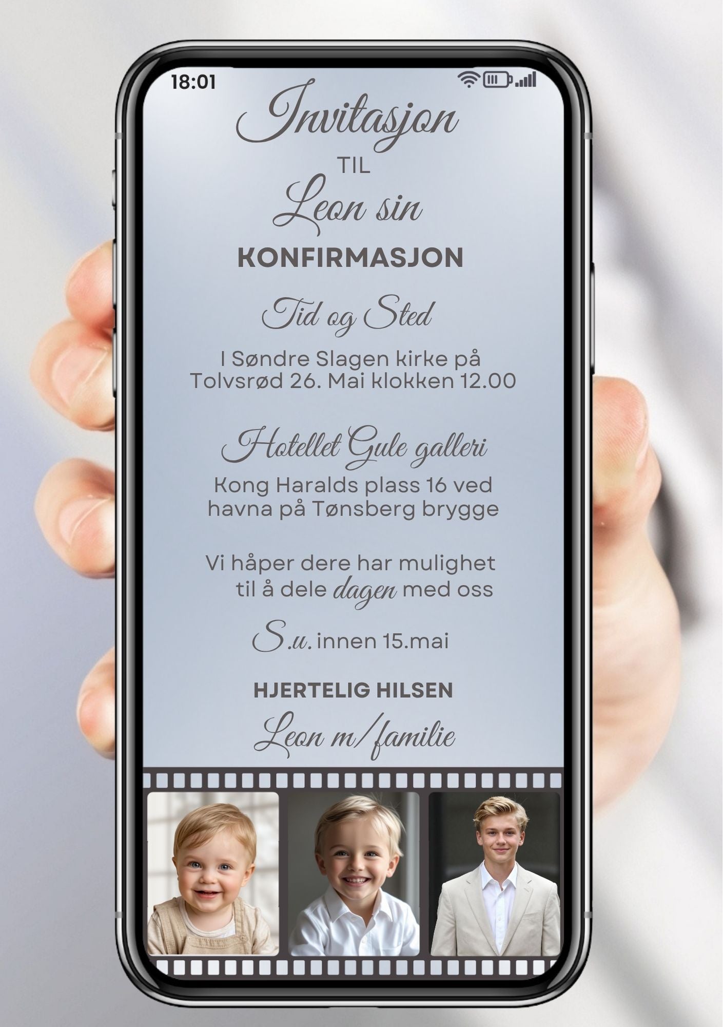 Mobil konfirmasjonsinvitasjon gutt med filmstripe, tre bilder og håndskrevet navn på lyseblå bakgrunn, vertikal layout