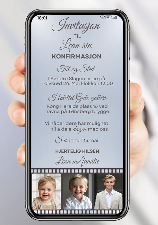 Mobil konfirmasjonsinvitasjon gutt med filmstripe, tre bilder og håndskrevet navn på lyseblå bakgrunn, vertikal layout