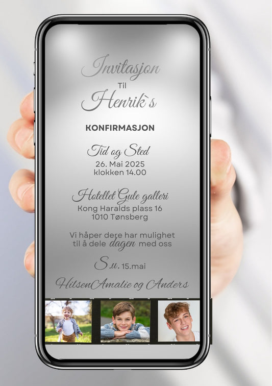Grå konfirmasjonsinvitasjon med filmstripe og tre bilder nederst