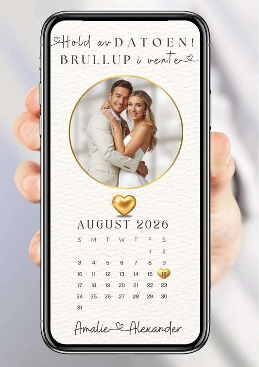 Save the Date gullhjerte romantisk - personlig og elegant. Ferdig tekstforslag - KISS DEKOR