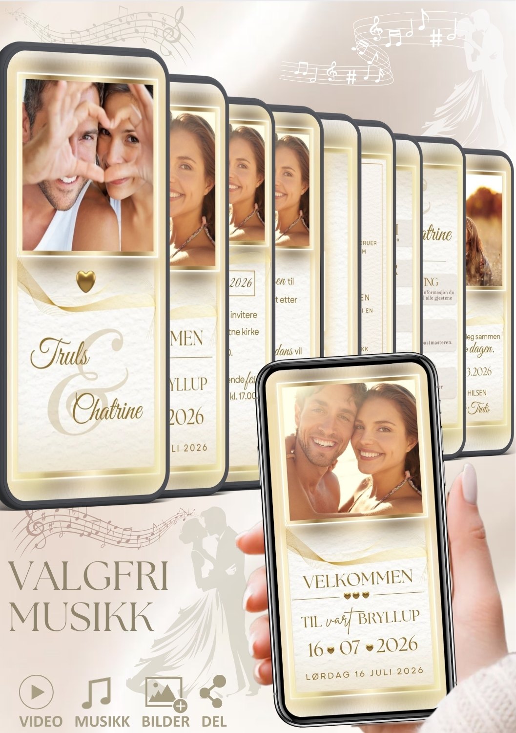Bryllupsvideo invitasjon gull 9 sider med musikk - personlig design med ferdig tekstforslag - KISS DEKOR