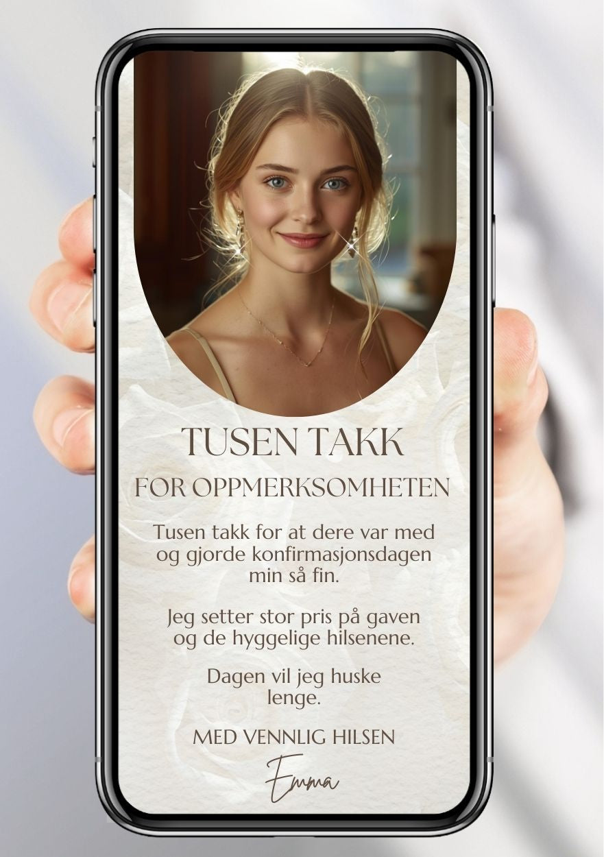 Takkekort konfirmasjon beige moderne - personlig design med ferdig tekstforslag - KISS DEKOR