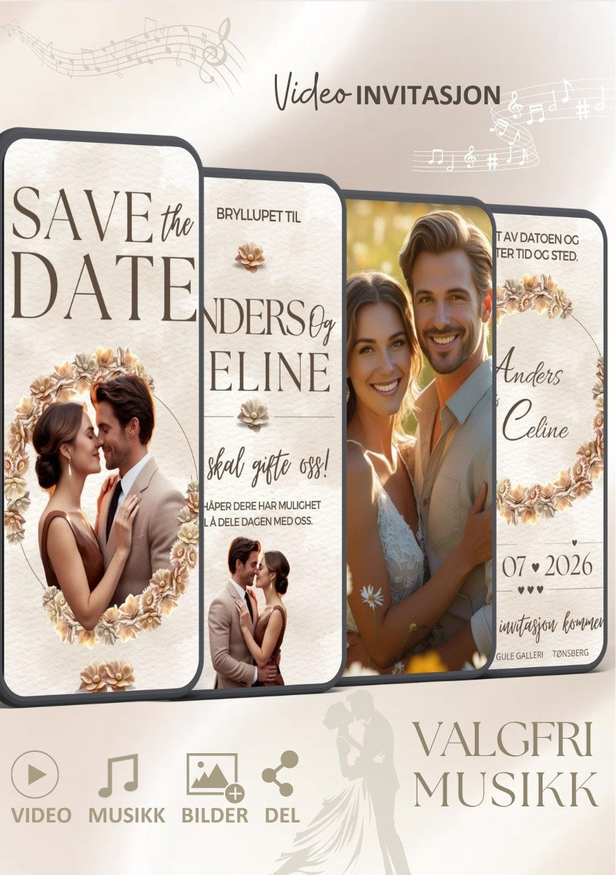 Save the date invitasjon 4 sider med musikk - personlig design med ferdig tekstforslag - KISS DEKOR