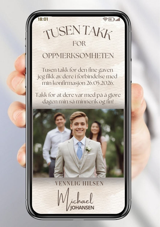 Takkekort konfirmasjon beige elegant - personlig design med ferdig tekstforslag - KISS DEKOR
