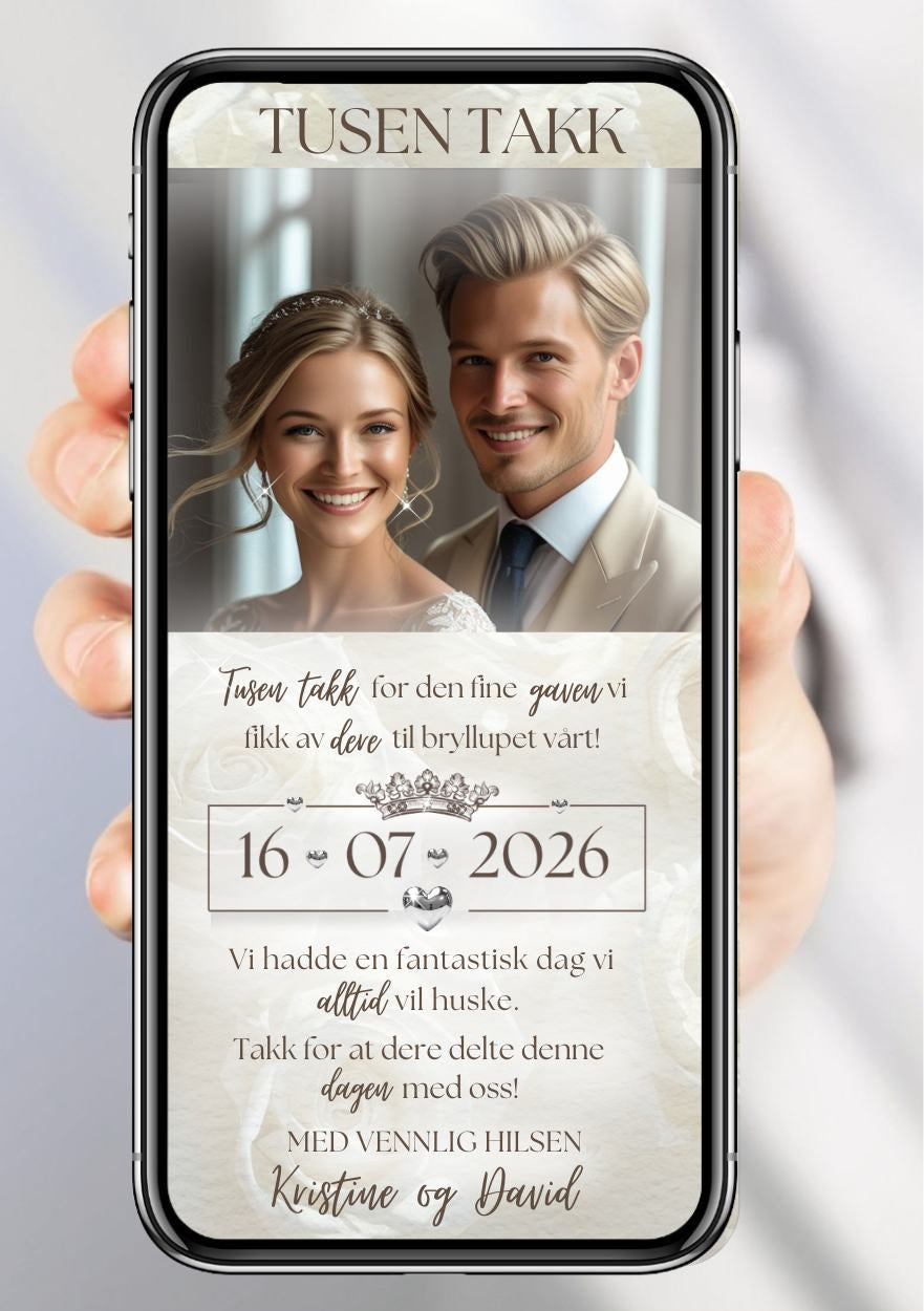 Takkekort bryllup hvit elegant moderne - personlig design med ferdig tekstforslag