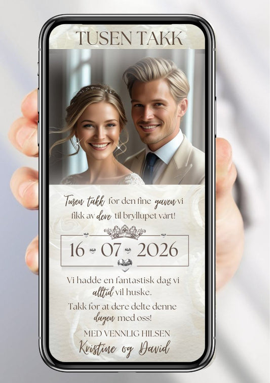 Takkekort bryllup hvit elegant moderne - personlig design med ferdig tekstforslag
