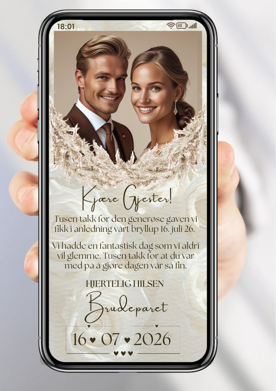 Takkekort bryllup beige minimalistisk - personlig design med ferdig tekstforslag - KISS DEKOR
