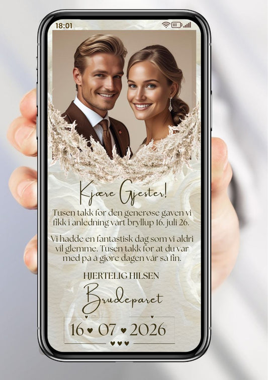 Takkekort bryllup beige minimalistisk - personlig design med ferdig tekstforslag - KISS DEKOR