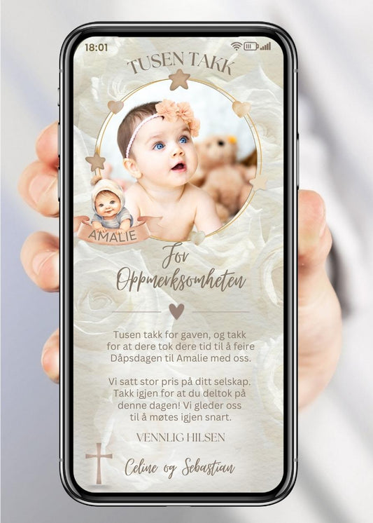 Takkekort dåp elegant beige design