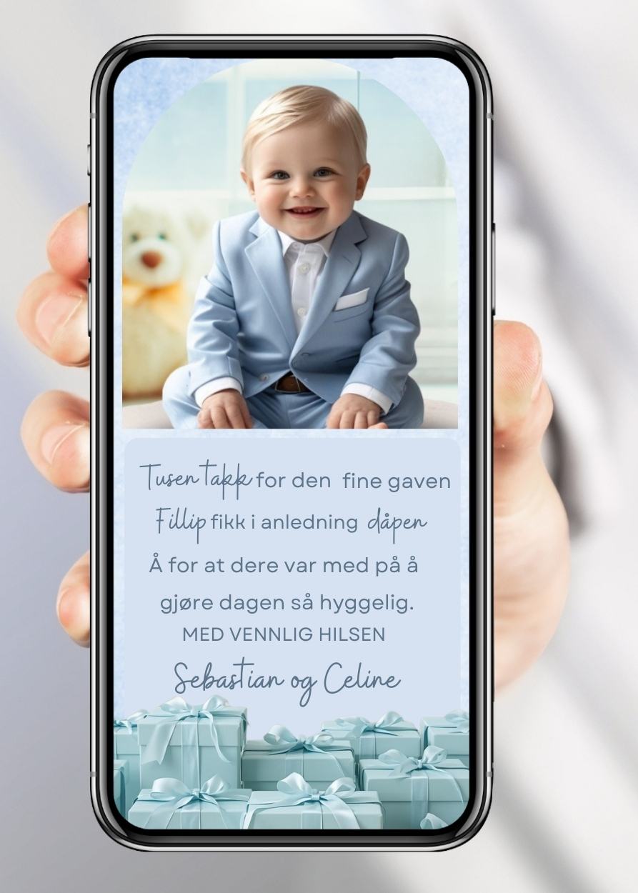 Blå mobil takkekort til dåp og navnefest