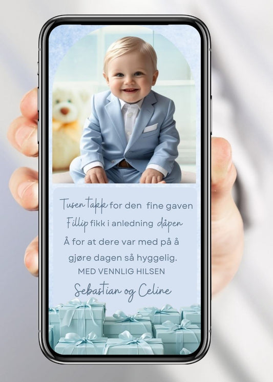Blå mobil takkekort til dåp og navnefest