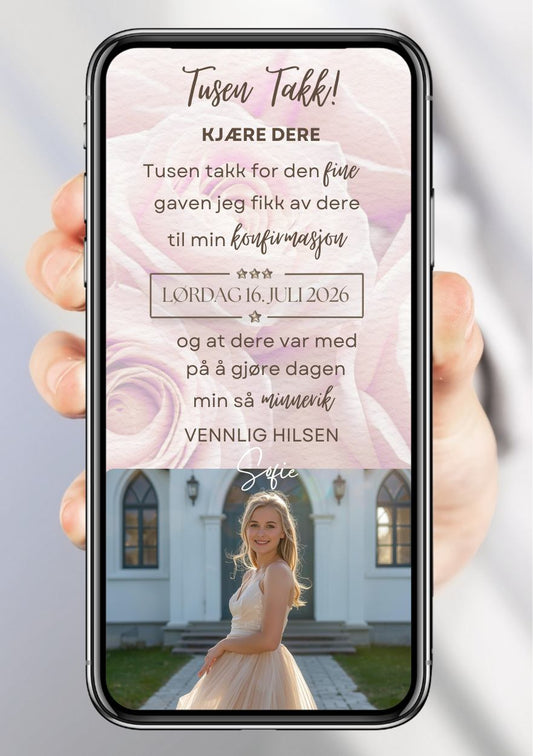 Takkekort konfirmasjon rosa elegant - personlig design med ferdig tekstforslag - KISS DEKOR