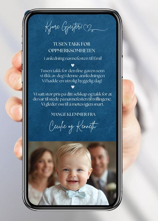 Takkekort til navnefesten blå design