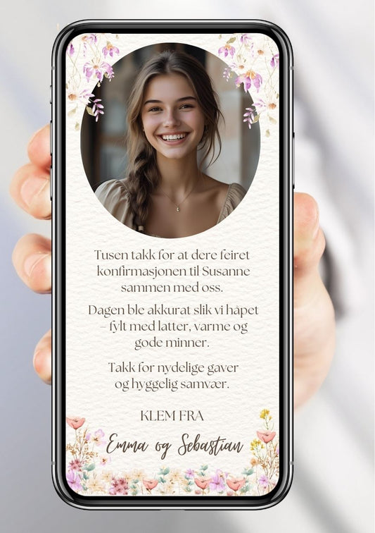 Takkekort konfirmasjon hvit akvarell med blomster - personlig design med ferdig tekstforslag - KISS DEKOR