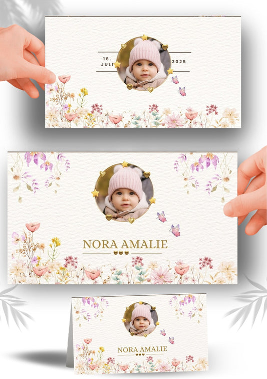 Moderne bordkort til dåp med personlig design – perfekt for dåpsfesten