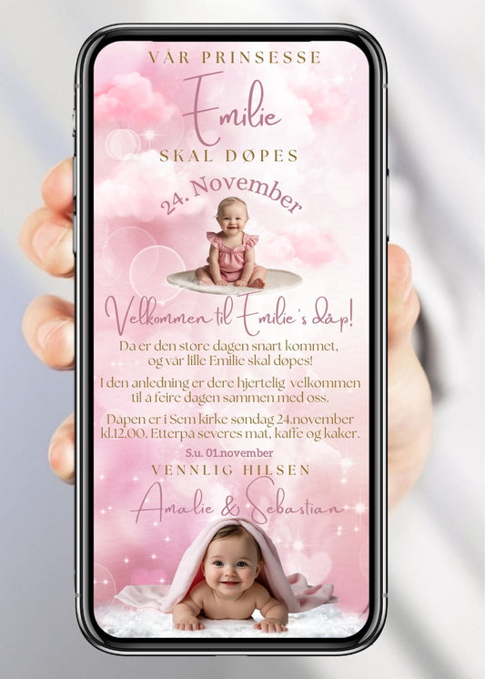 Dåpsinvitasjon og navnefest rosa med 2 bilder - personlig design med ferdig tekstforslag - KISS DEKOR
