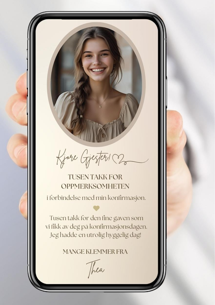 Digitalt takkekort til konfirmasjon med ovalt bilde, håndskrevet skrift og gullhjerte på beige bakgrunn
