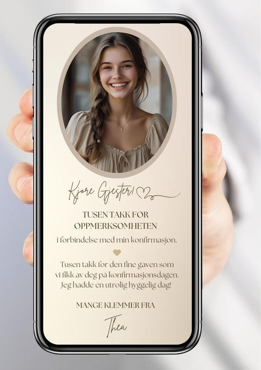 Digitalt takkekort til konfirmasjon med ovalt bilde, håndskrevet skrift og gullhjerte på beige bakgrunn