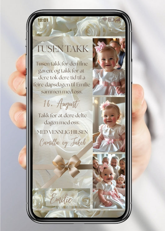 Takkekort til dåp rose collage med bilder