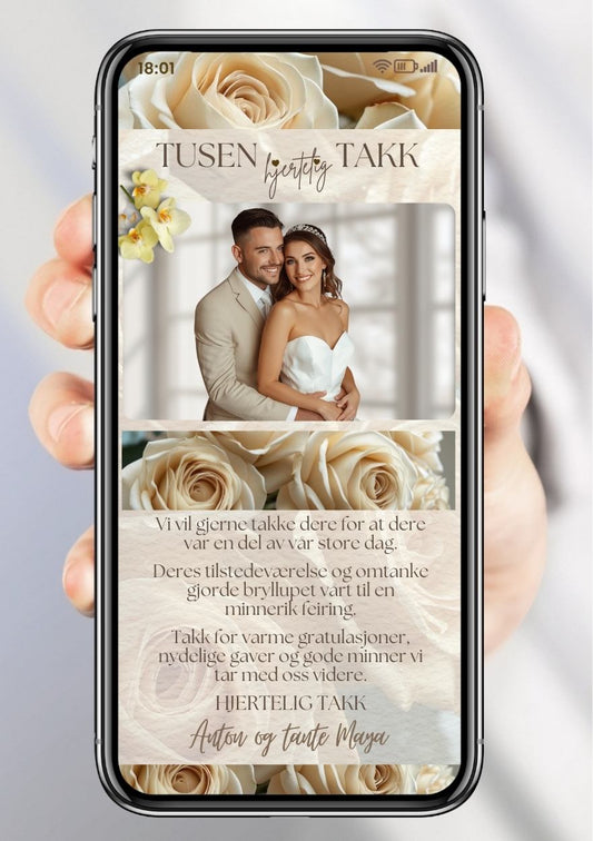 Takkekort bryllup beige minimalistisk bilder - personlig design med ferdig tekstforslag - KISS DEKOR