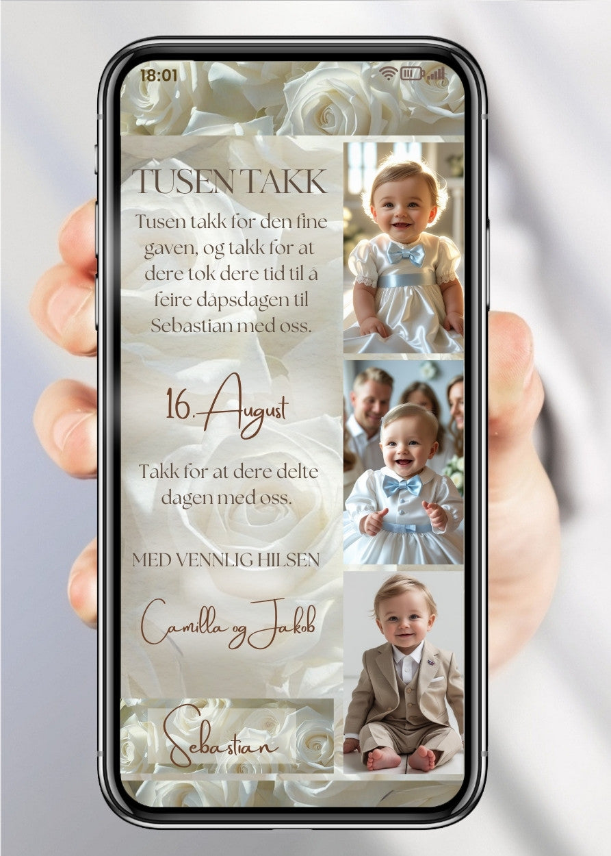 Takkekort til dåp hvit collage elegant design