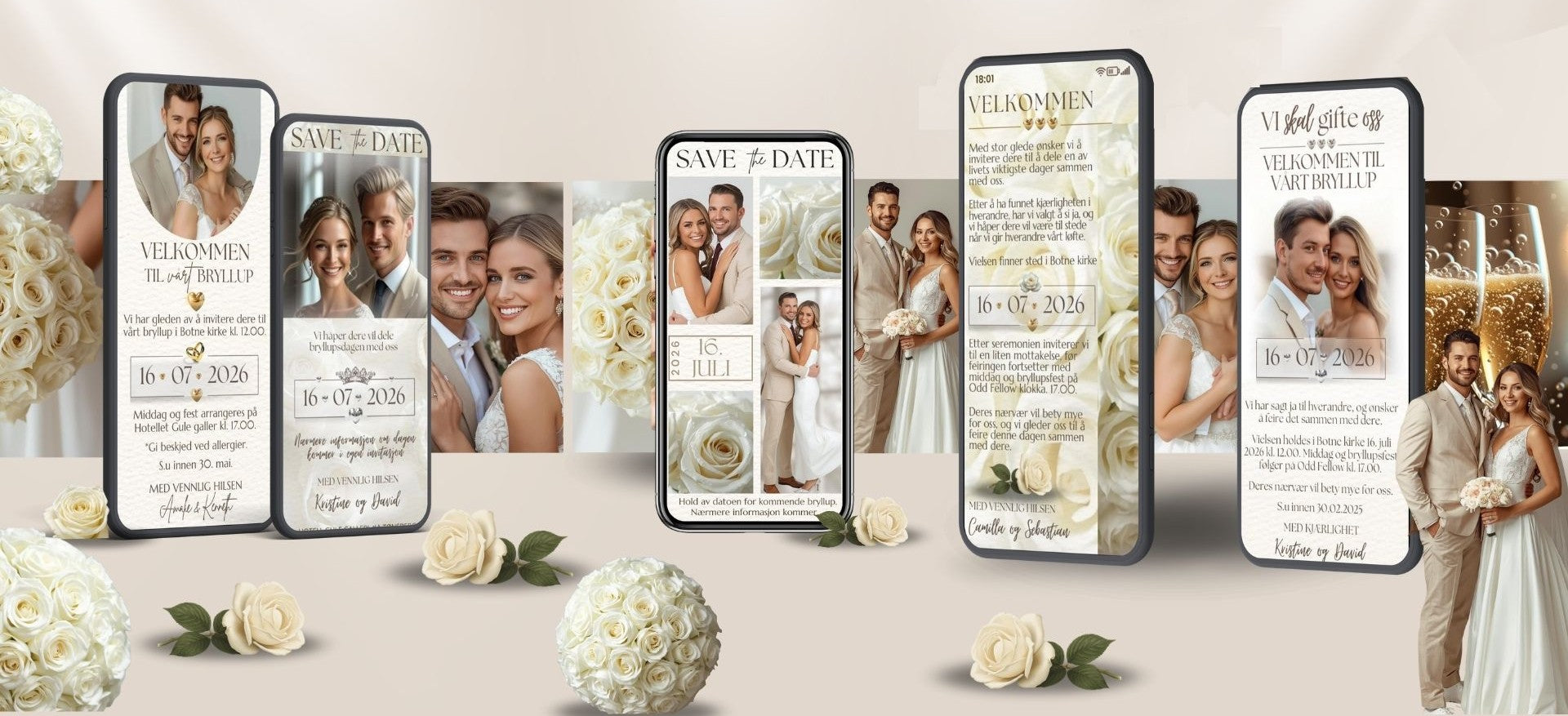 Digitale bryllupsinvitasjoner med hvite roser - Save the Date, velkomst og invitasjon med brudeparfoto på mobil