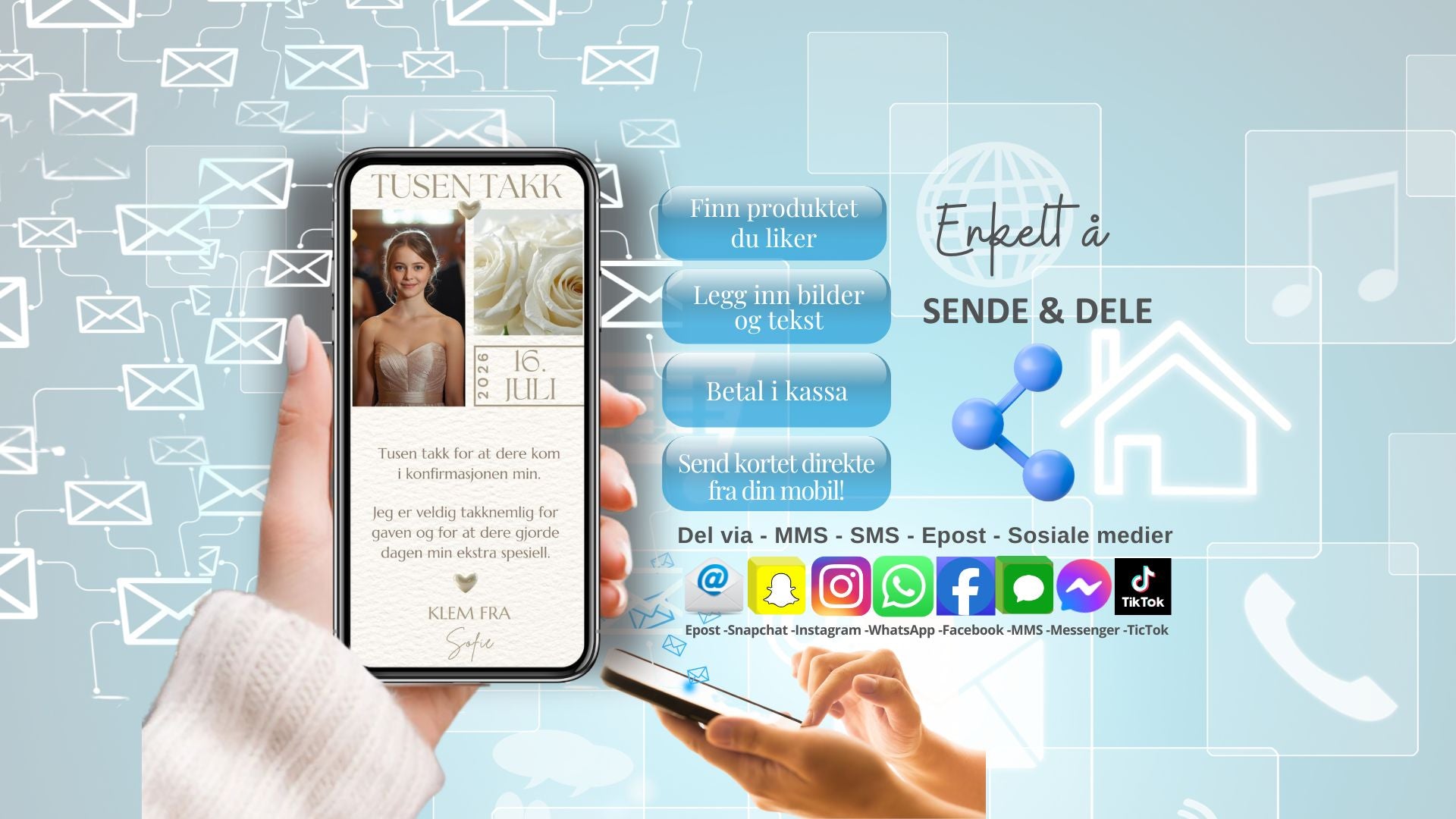 Enkelt å sende og dele digitale invitasjoner - nedlasting og deling via MMS, SMS, e-post og sosiale medier