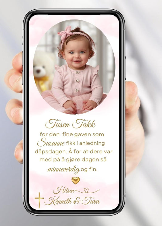 Dåp og navnefest takkekort rosa design