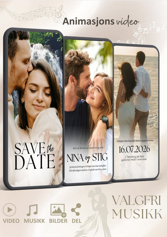 Bryllupsvideo invitasjon moderne med musikk - personlig design med ferdig tekstforslag - KISS DEKOR