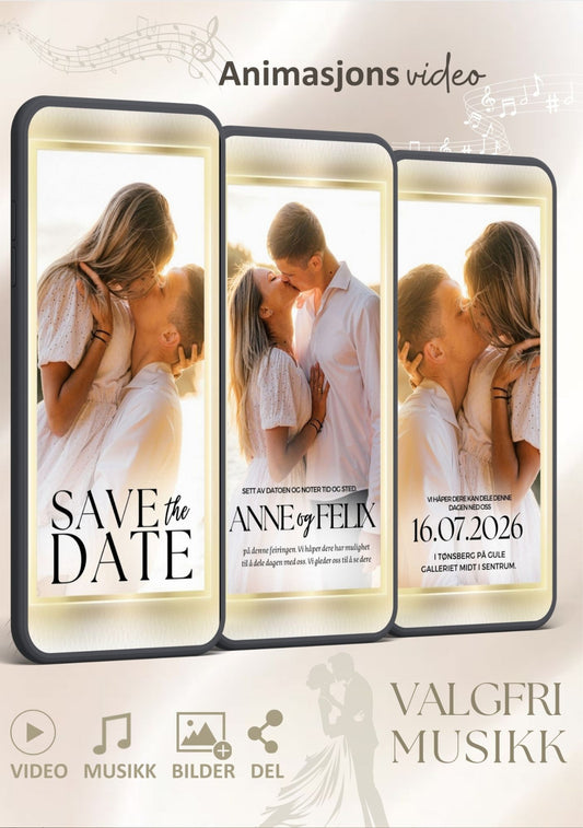 Bryllupsvideo invitasjon moderne gull med musikk - personlig design med ferdig tekstforslag - KISS DEKOR