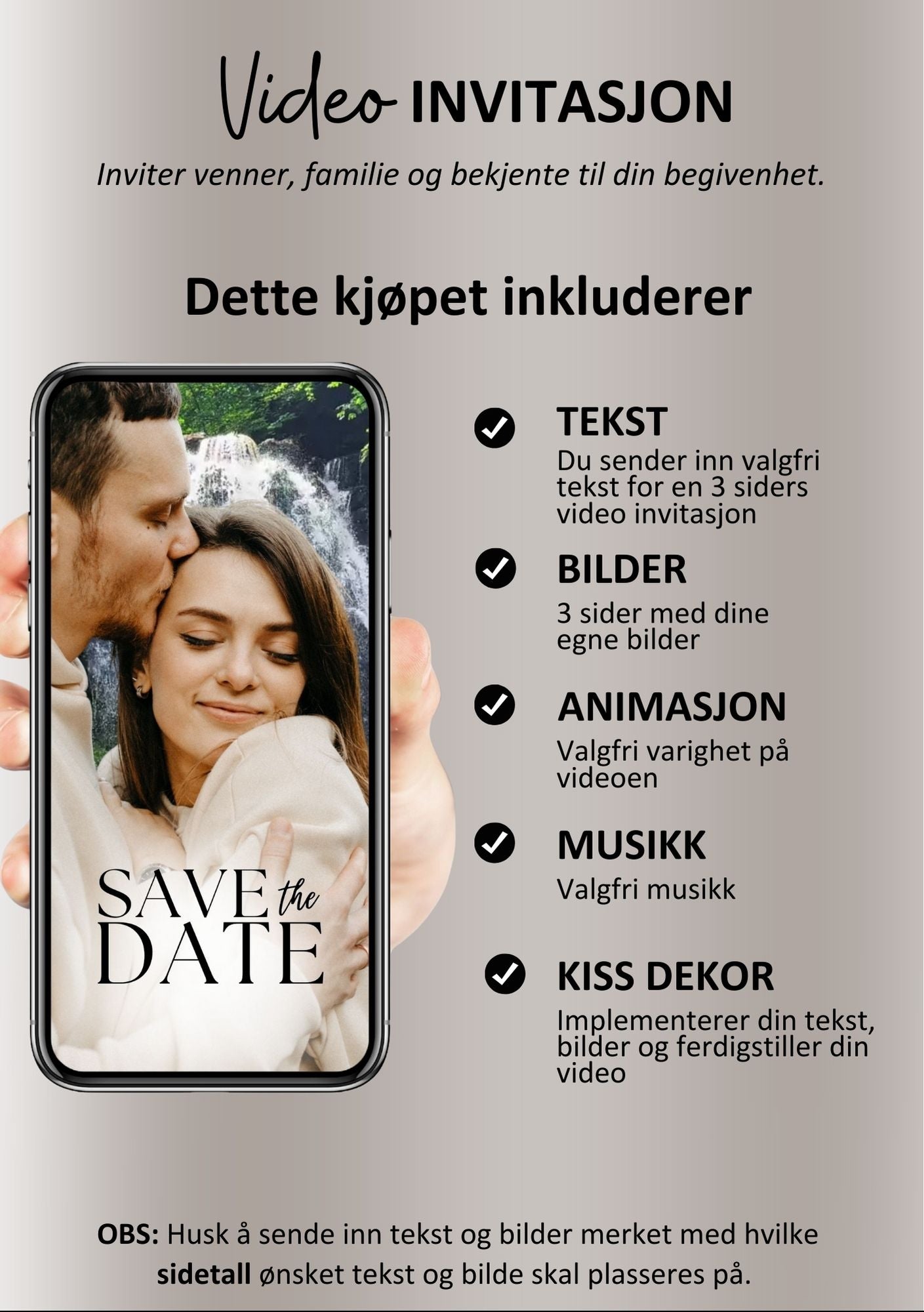 Bryllupsvideo invitasjon moderne med musikk - personlig design med ferdig tekstforslag - KISS DEKOR